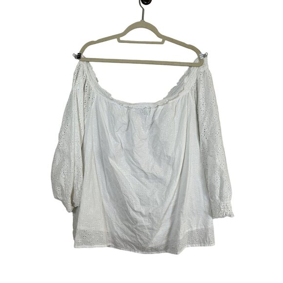 Lane Bryant Milkmaid Top 3X White Off Shoulder Smock Eyelet Neutral Coquette 80s - Picture 8 of 14
